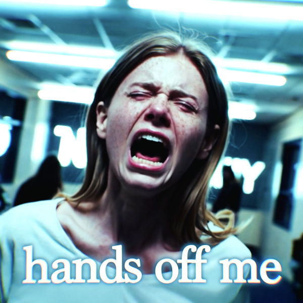 A distressed young person with long blonde hair screams with their mouth wide open, eyes shut tightly, and face contorted in pain or anger. The background appears to be a brightly lit hallway with blurry figures and the word "NOISY" partially visible. The scene evokes intense emotion. At the bottom of the image, white text reads: "hands off me".