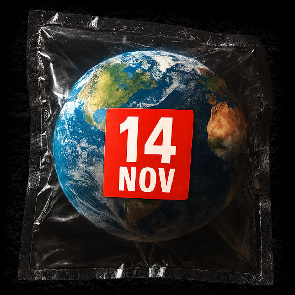A burning snack-style package showing planet Earth inside. Labels read “WATCH IT BURN,” “50% OFF,” “NOW EVEN HOTTER!,” “SINGLE UNIT,” “MICROPLASTICS INCLUDED,” and “MAY CONTAIN TRACES OF HUMANITY.” A satirical artwork criticizing consumerism and climate destruction.