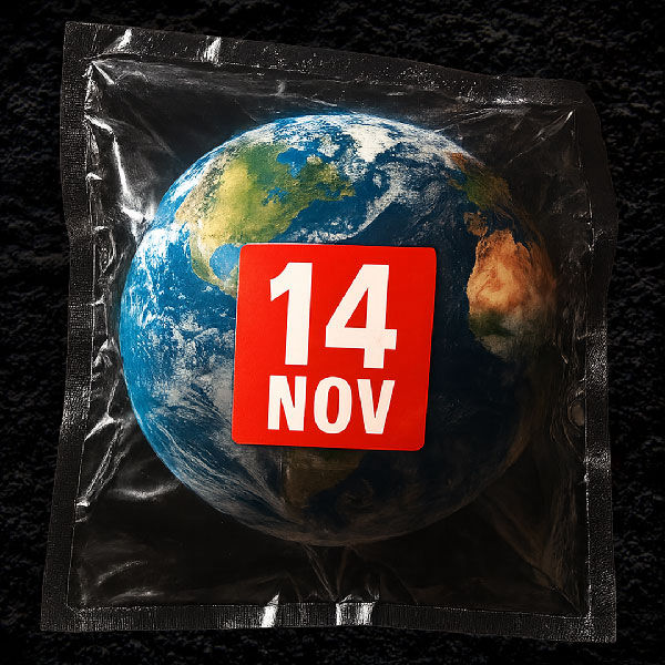 A burning snack-style package showing planet Earth inside. Labels read “WATCH IT BURN,” “50% OFF,” “NOW EVEN HOTTER!,” “SINGLE UNIT,” “MICROPLASTICS INCLUDED,” and “MAY CONTAIN TRACES OF HUMANITY.” A satirical artwork criticizing consumerism and climate destruction.