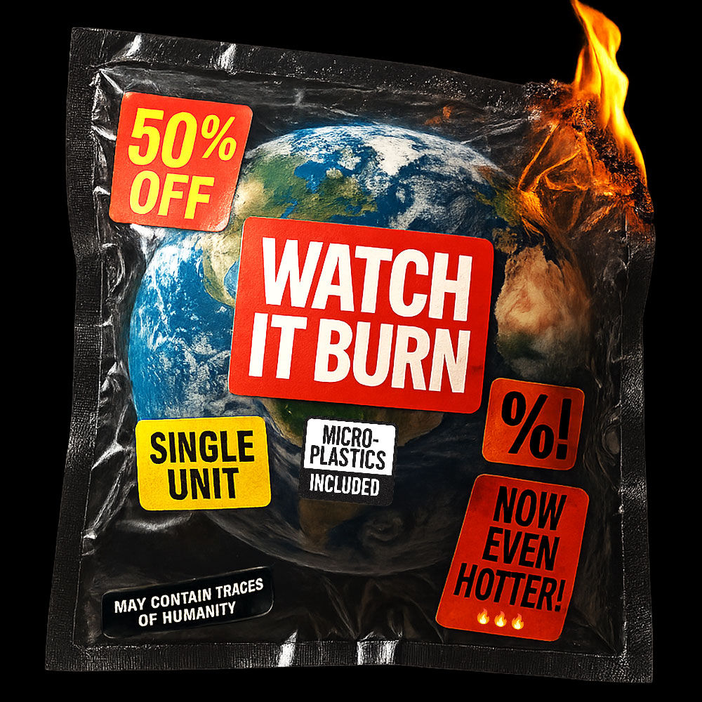 A burning snack-style package showing planet Earth inside. Labels read “WATCH IT BURN,” “50% OFF,” “NOW EVEN HOTTER!,” “SINGLE UNIT,” “MICROPLASTICS INCLUDED,” and “MAY CONTAIN TRACES OF HUMANITY.” A satirical artwork criticizing consumerism and climate destruction.